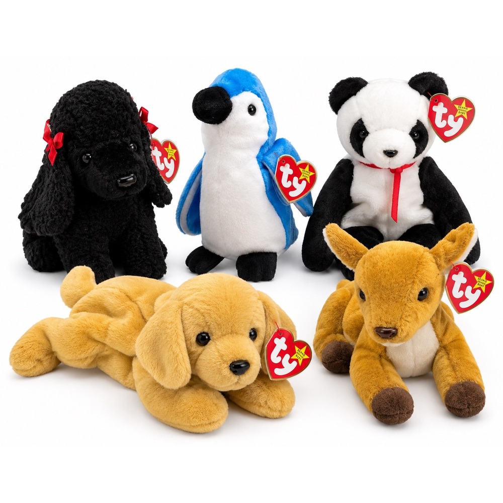 Ty Beanie Babies Lot of 5 Fortune Panda Gigi Poodle Rocket Whisper Fetch Plush